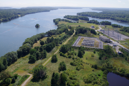 Aerial view of the Maine Yankee site and adjacent power substation on Bailey Point in Wiscasset